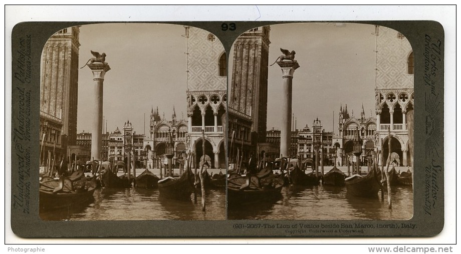 Italie Venise Le Lion Et Piazza San Marco Ancienne Photo Stereo Underwood 1900 - Photos Stéréoscopiques