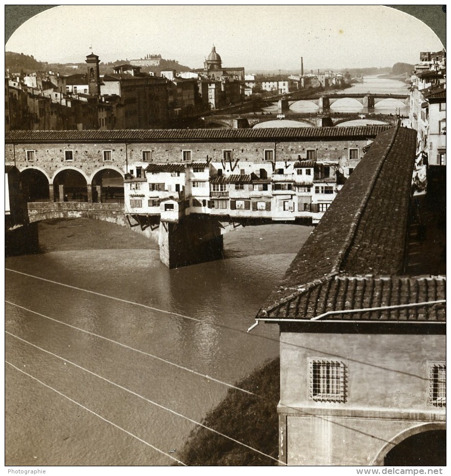 Italie Florence Ponte Vecchio Riviere Arno Ancienne Photo Stereo Underwood 1900 - Photos Stéréoscopiques