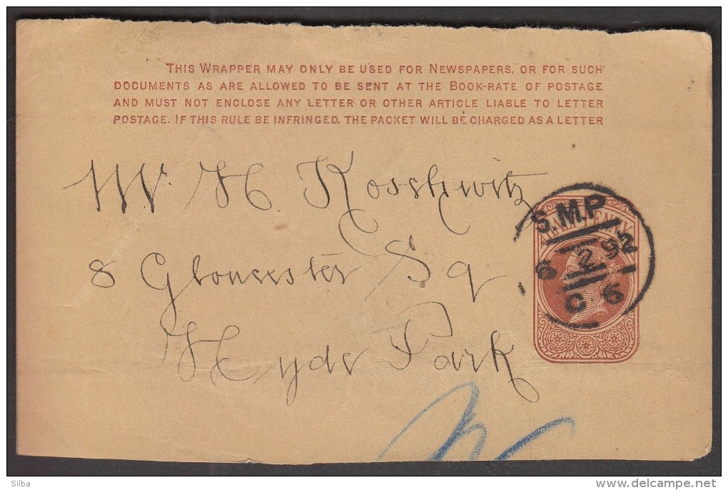 Great Britain S.M.P 6.2.1892 / NEWSPAPERS WRAPPER / Sent To Hyde Park / Half Penny Postal Stationery - Covers & Documents