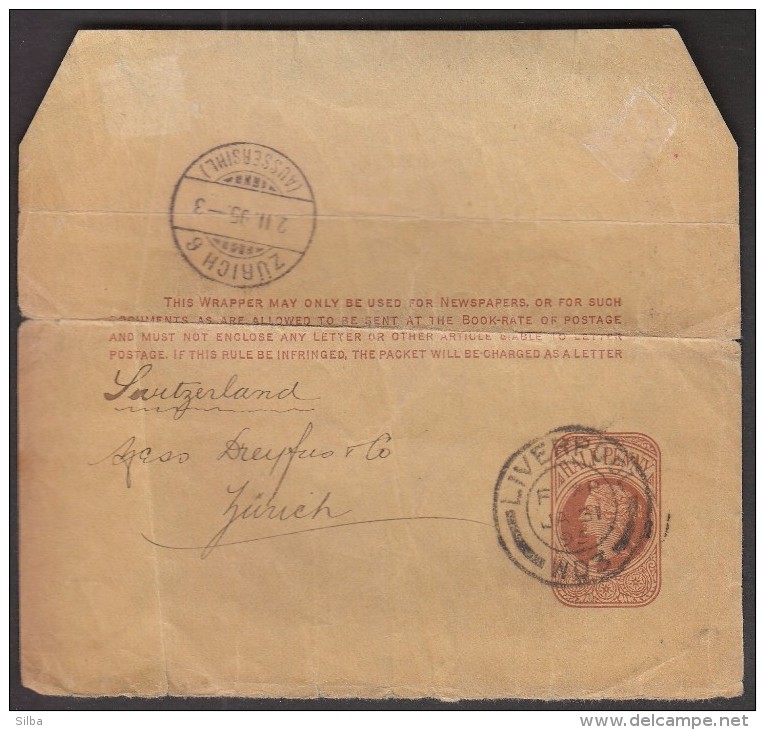 Great Britain Liverpool 1895 / NEWSPAPERS WRAPPER / Sent To Switzerland Zurich / Half Penny Postal Stationery - Covers & Documents