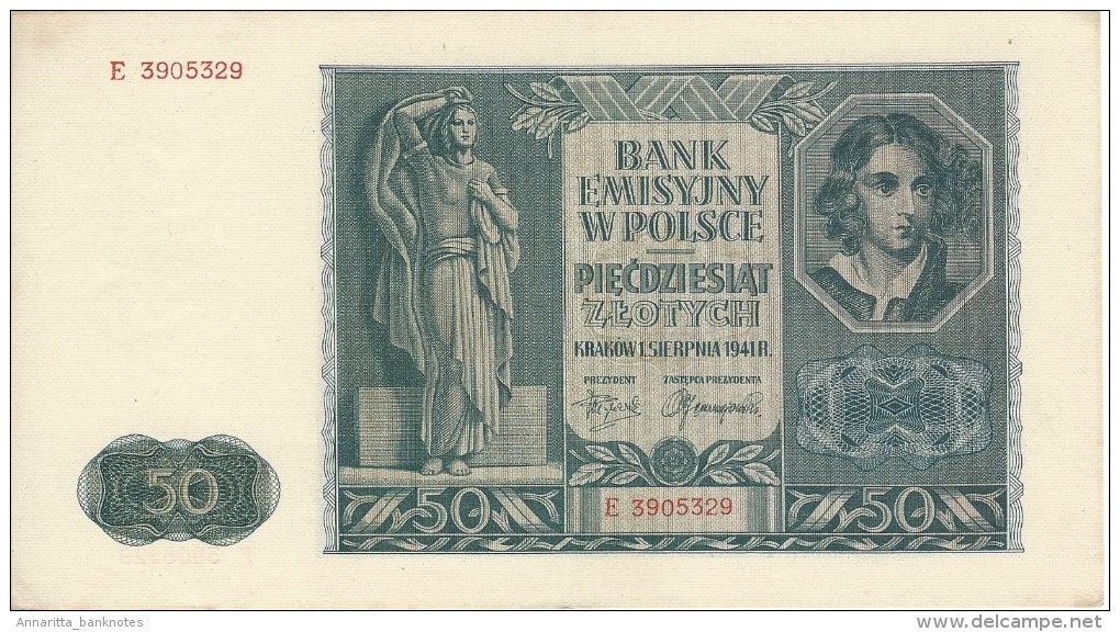 POLAND 50 Z&#321;OTYCH 1941 P-102 AU/UNC S/N E. 3905329  [ PL102 ] - Poland