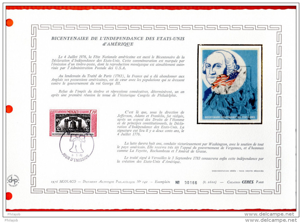 MONACO 1976 : DAP 1er Jour Nté / Soie (2600 Ex.) " BICENTENAIRE DE L'INDEPENDACE DES USA " N° YT 1055. Parf état. - Unabhängigkeit USA