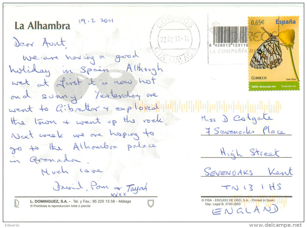 Alhambra, Granada, Spain Postcard Posted 2011 Stamp - Granada
