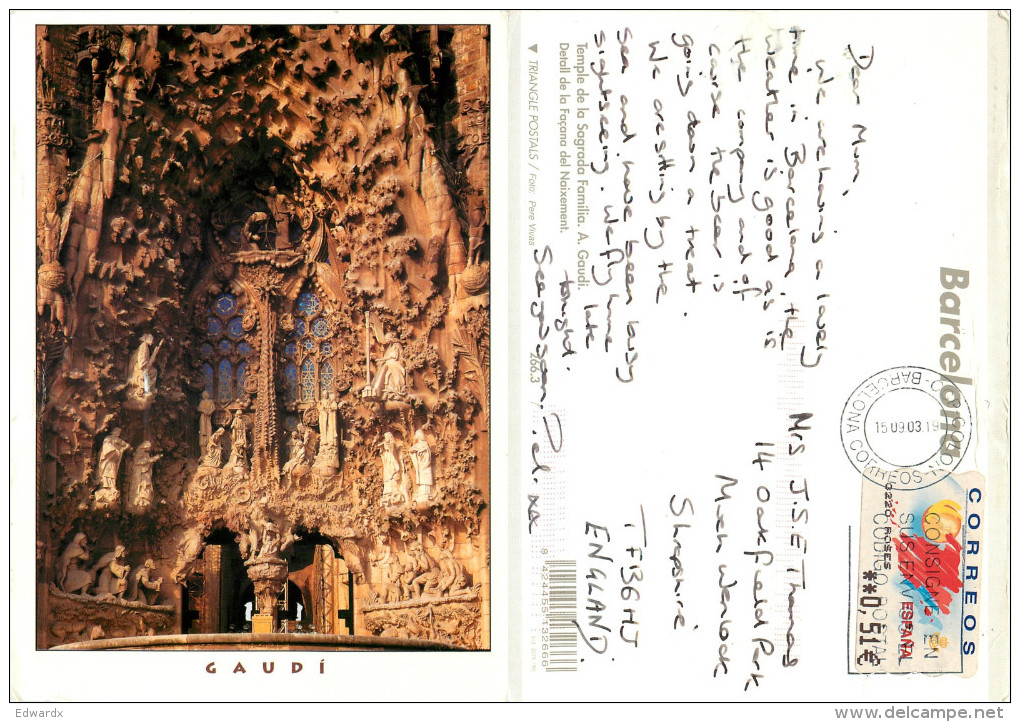 Sagrada Familia, Barcelona, Spain Postcard Posted 2003 ATM Meter - Barcelona