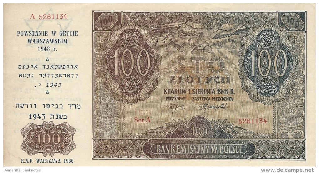 POLAND 100 Z&#321;OTYCH 1941 (1989) P-103 AU+/UNC US OVERPRINT 1986 VERY RARE [ PL103 ] - Poland