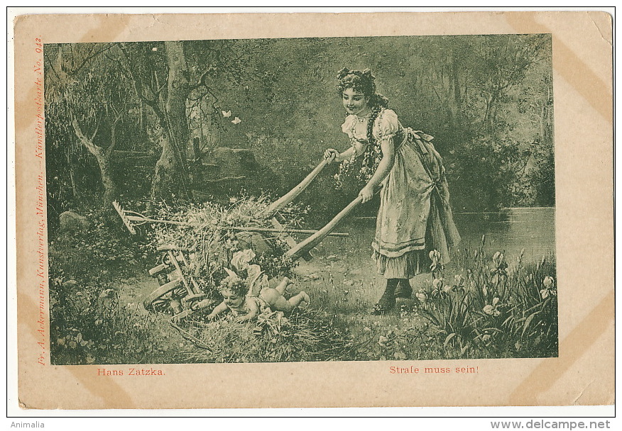 Hans Zatzka Jeune Fille Avec Brouette Et Angelot Nu - Zatzka