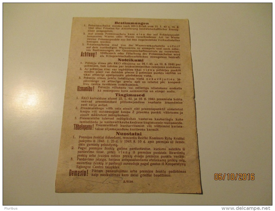 1944 WW II GERMANY ESTONIA LATVIA LITHUANIA PRÄMIENSCHEIN Type 34* , 0 - Tweede Wereldoorlog