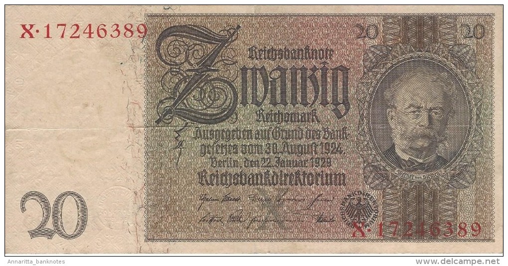 GERMANY 20 REICHSMARK 1929 P-181a VF UNDERPRINT X S/N X.17246389 [ DER181a ] - 20 Mark