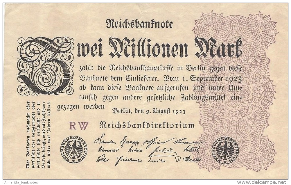 GERMANY 2 MILLION MARK 9.8.1923 P-104a  XF PREFIX RW  [ DER104a ] - 2 Millionen Mark