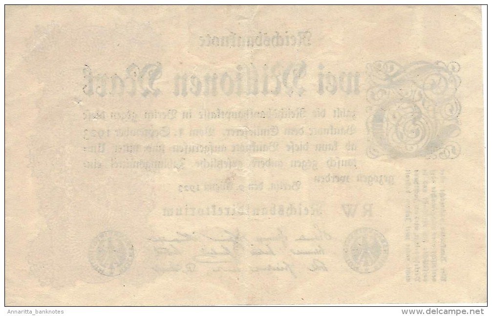 GERMANY 2 MILLION MARK 9.8.1923 P-104a  XF PREFIX RW  [ DER104a ] - 2 Millionen Mark