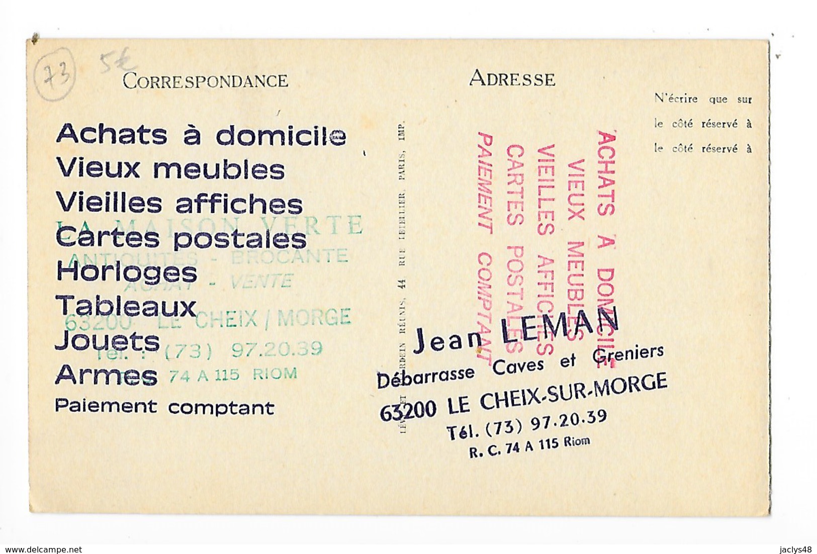 AIX LES BAINS  (cpa 73) Les Thermes - Carte Pub Pour J.Leman Brocanteur Au Cheix Sur Morge (63)  -    - L 1 - Aix Les Bains