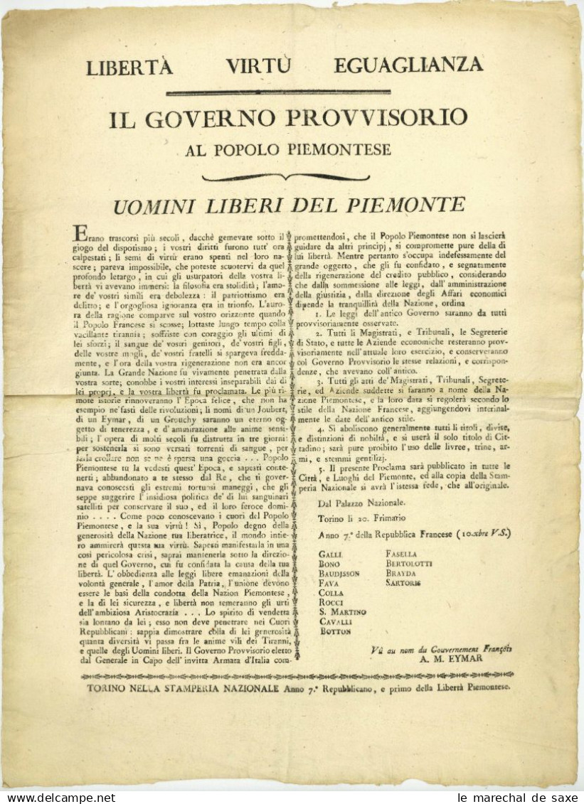 REVOLUTION - Affiche - PIEMONT 1798 - Gouvernement Provisoire Turin Torino - Documents Historiques