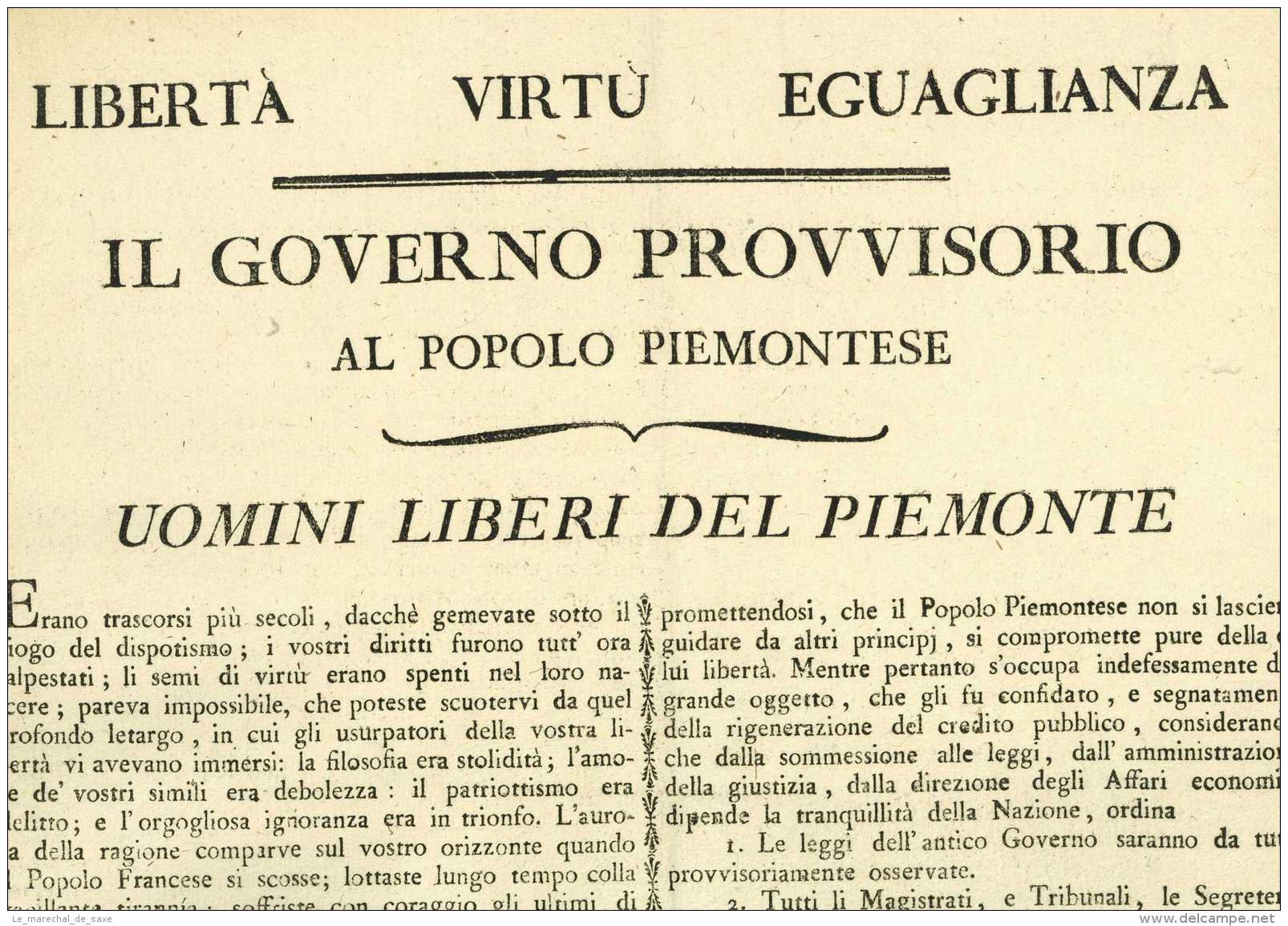 REVOLUTION - Affiche - PIEMONT 1798 - Gouvernement Provisoire Turin Torino - Documents Historiques