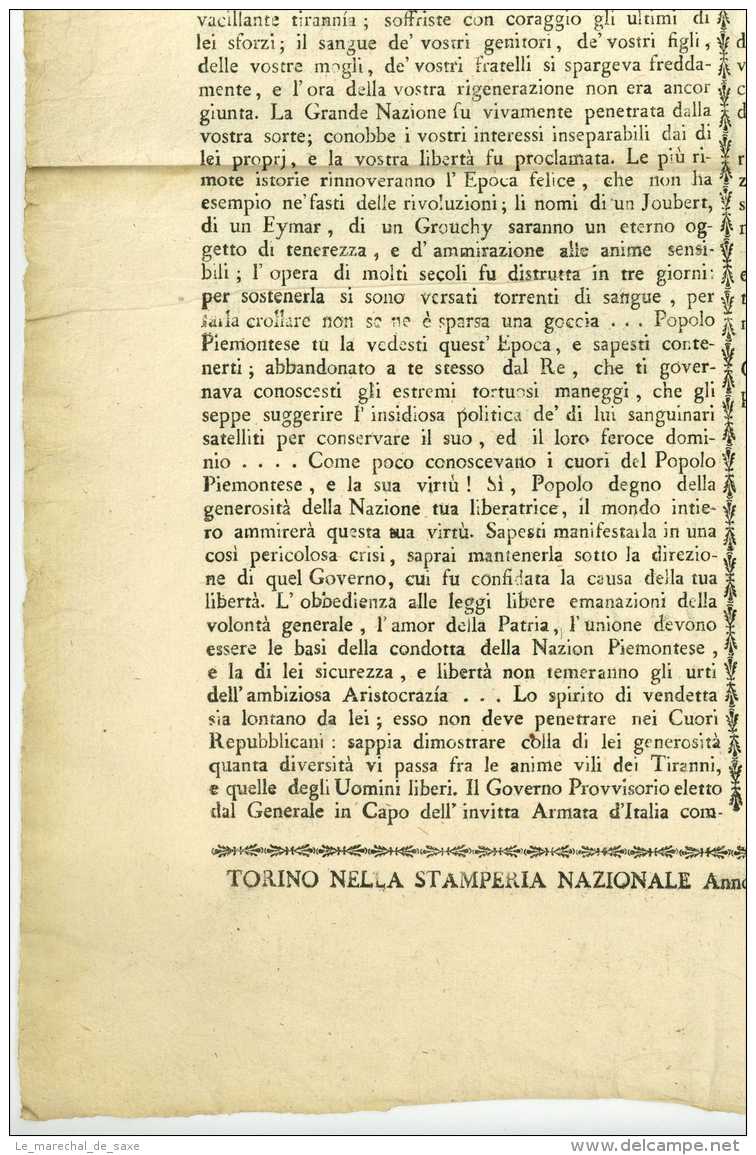 REVOLUTION - Affiche - PIEMONT 1798 - Gouvernement Provisoire Turin Torino - Documents Historiques