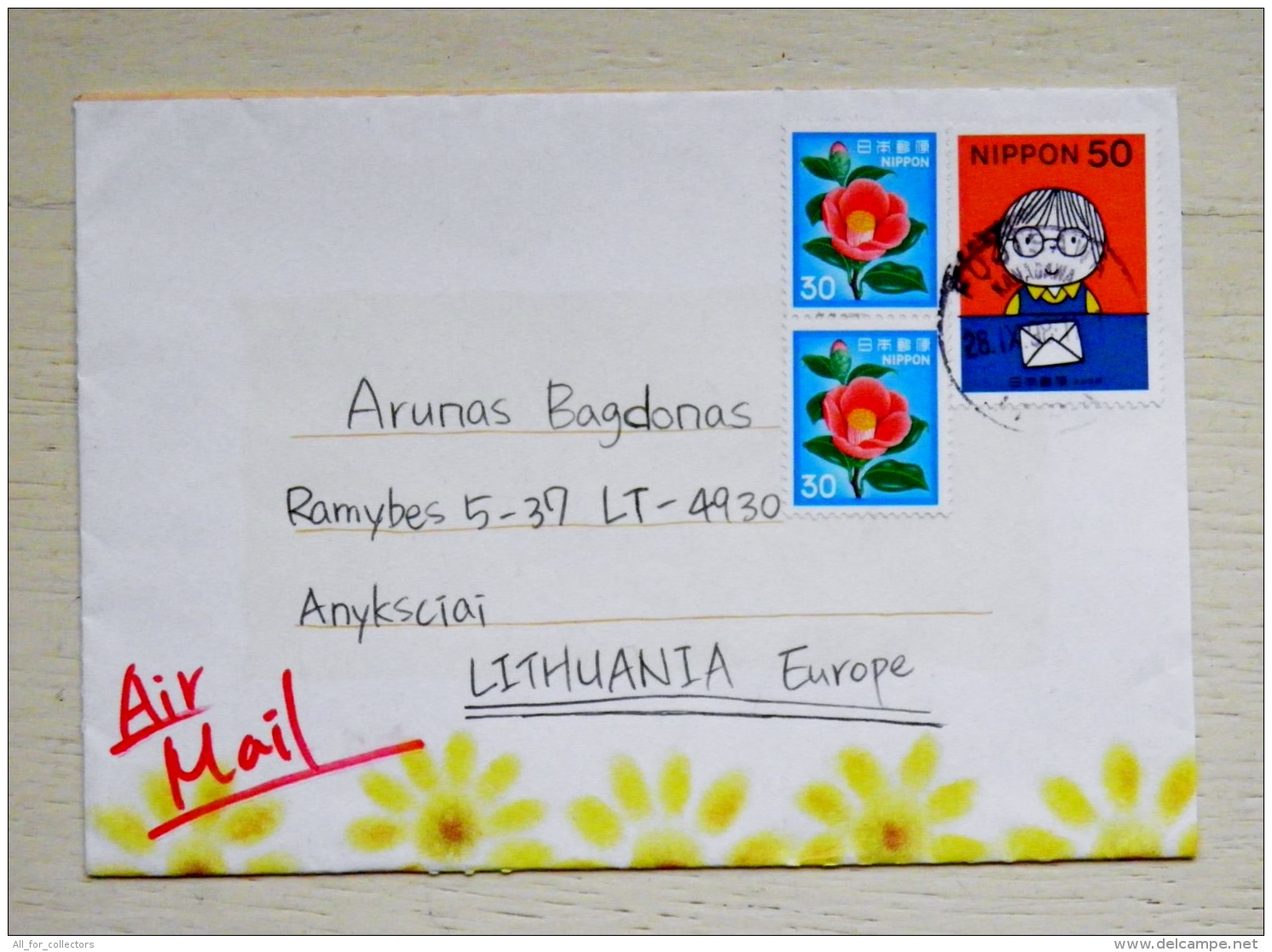 Cover Sent From Japan To Lithuania Flowers - Briefe U. Dokumente