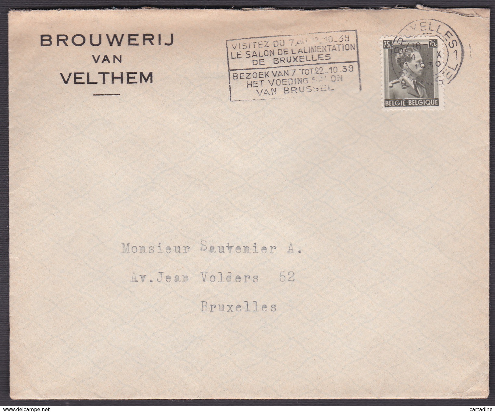 ENVELOPPE  BRASSERIE/ BROUWERIJ VAN VELTHEM  - 1939 - Bières - Autres & Non Classés