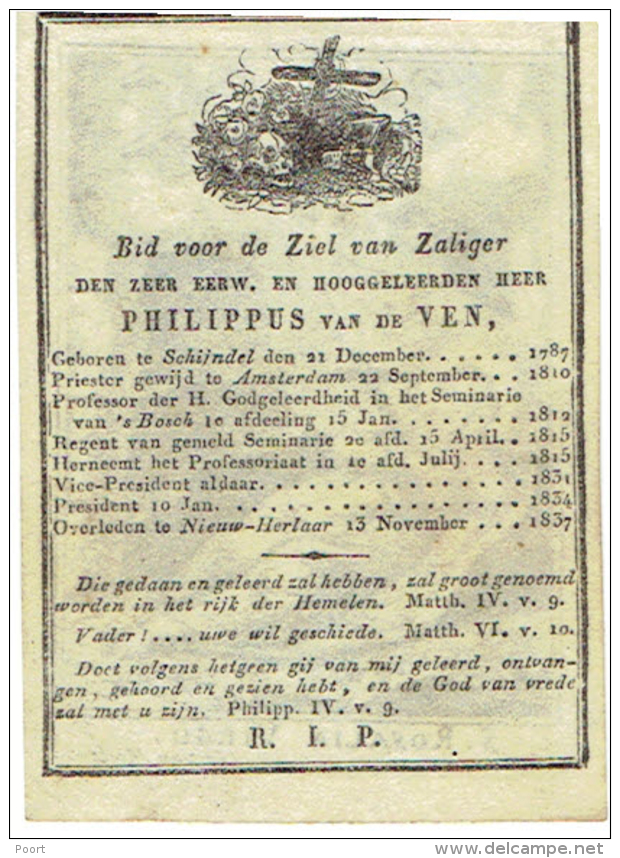 Doodsprentje E.H. Van De VEN Philippus - °Schijndel 1787 En +Nieuw-Herlaar 1837 - ¨PERKAMENT Kopergravure C. Van Merlen) - Andachtsbilder