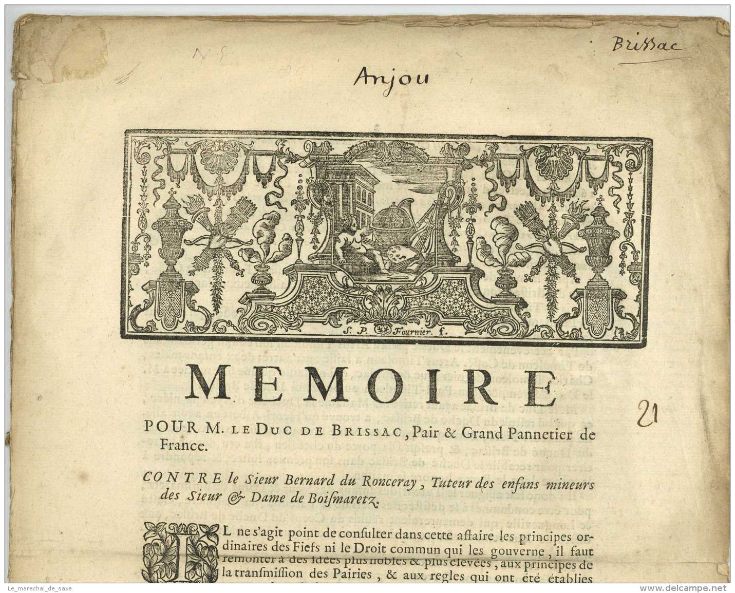 1741 - MEMOIRE Pour M. Le DUC DE BRISSAC, Pair Et Grand Pannetier De France Contre Le Sieur Bernard DU RONCERAY - Documents Historiques