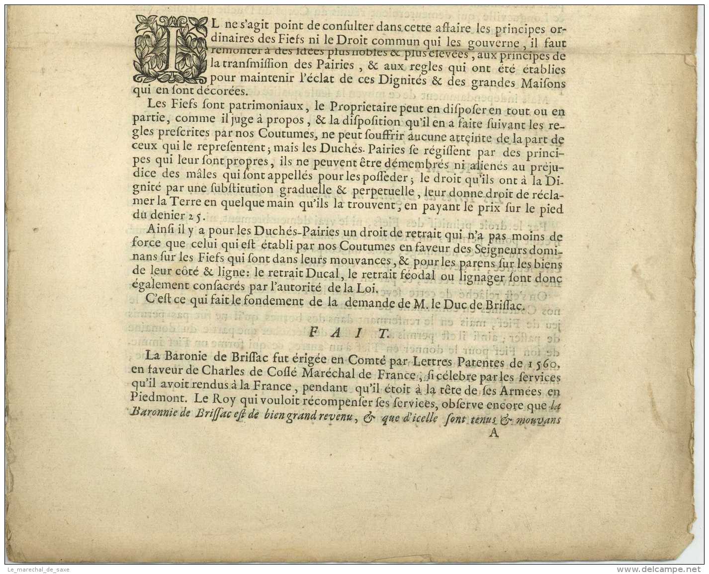 1741 - MEMOIRE Pour M. Le DUC DE BRISSAC, Pair Et Grand Pannetier De France Contre Le Sieur Bernard DU RONCERAY - Documents Historiques