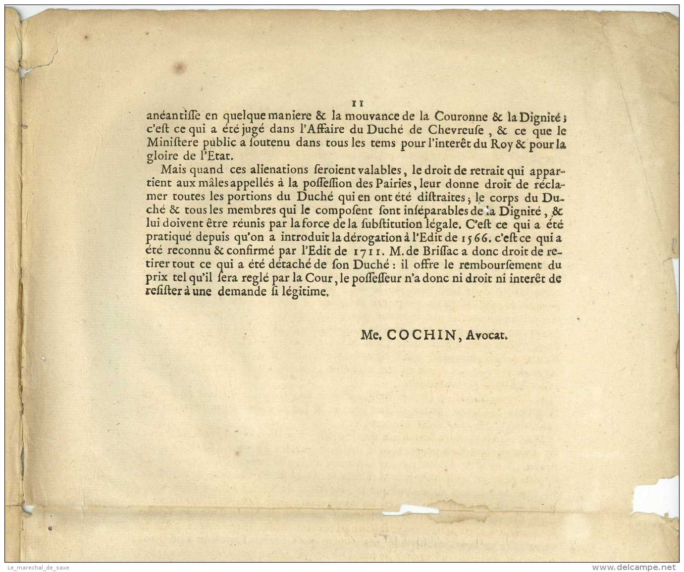 1741 - MEMOIRE Pour M. Le DUC DE BRISSAC, Pair Et Grand Pannetier De France Contre Le Sieur Bernard DU RONCERAY - Documents Historiques