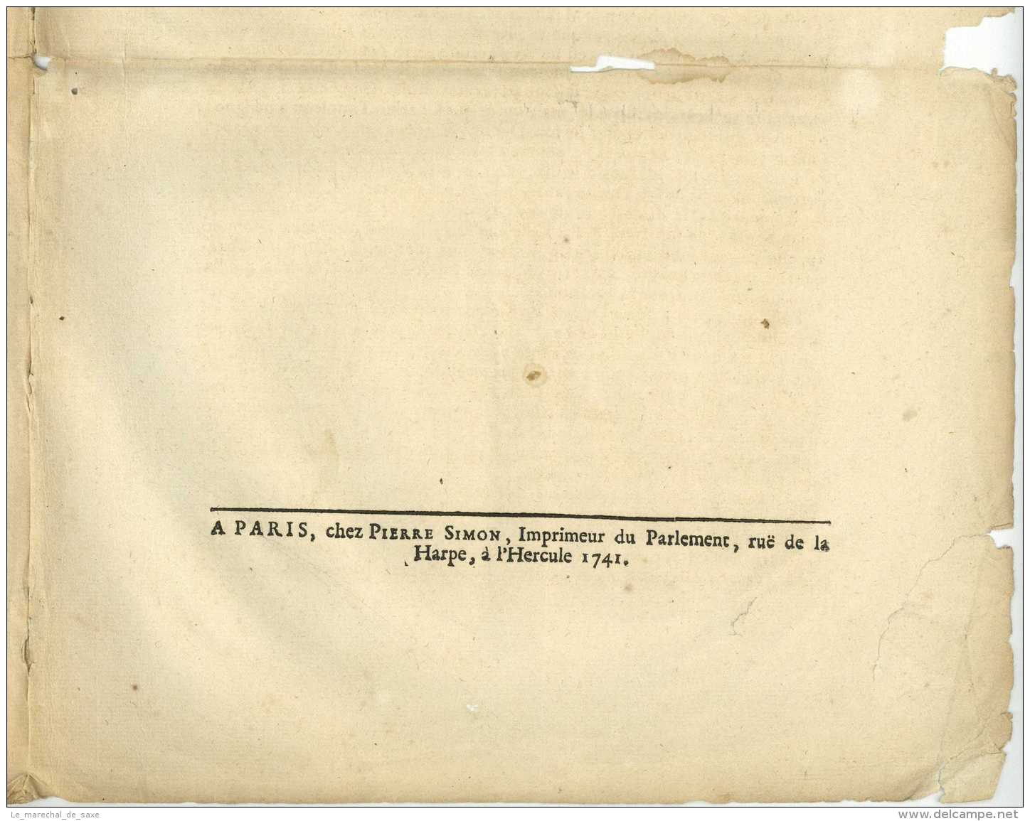 1741 - MEMOIRE Pour M. Le DUC DE BRISSAC, Pair Et Grand Pannetier De France Contre Le Sieur Bernard DU RONCERAY - Documents Historiques