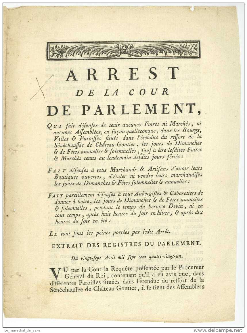 Paris 1781 - Arrest De La Cour De PARLEMENT - CHATEAU-GONTIER Imprimé 4 Pp. - Documents Historiques