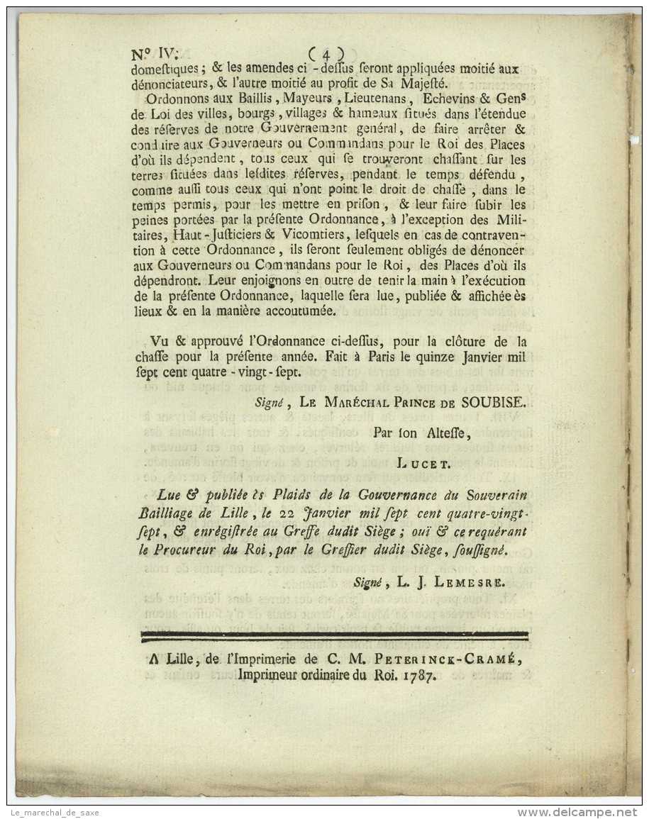 Lille 1787 - Ordonnance Du Marechal PRINCE DE SOUBISE - CHASSE 4 Pp. - Documents Historiques