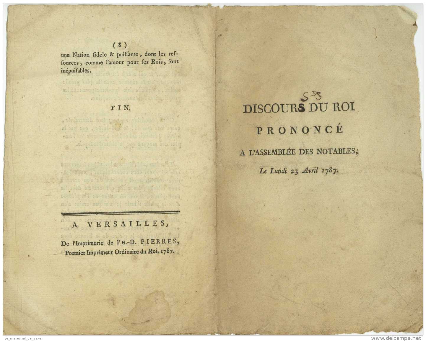 DISCOURS DU ROI Prononce A L'ASSEMBLEE DES NOTABLES 1787 8 Pp. In-8 Versailles - Documents Historiques