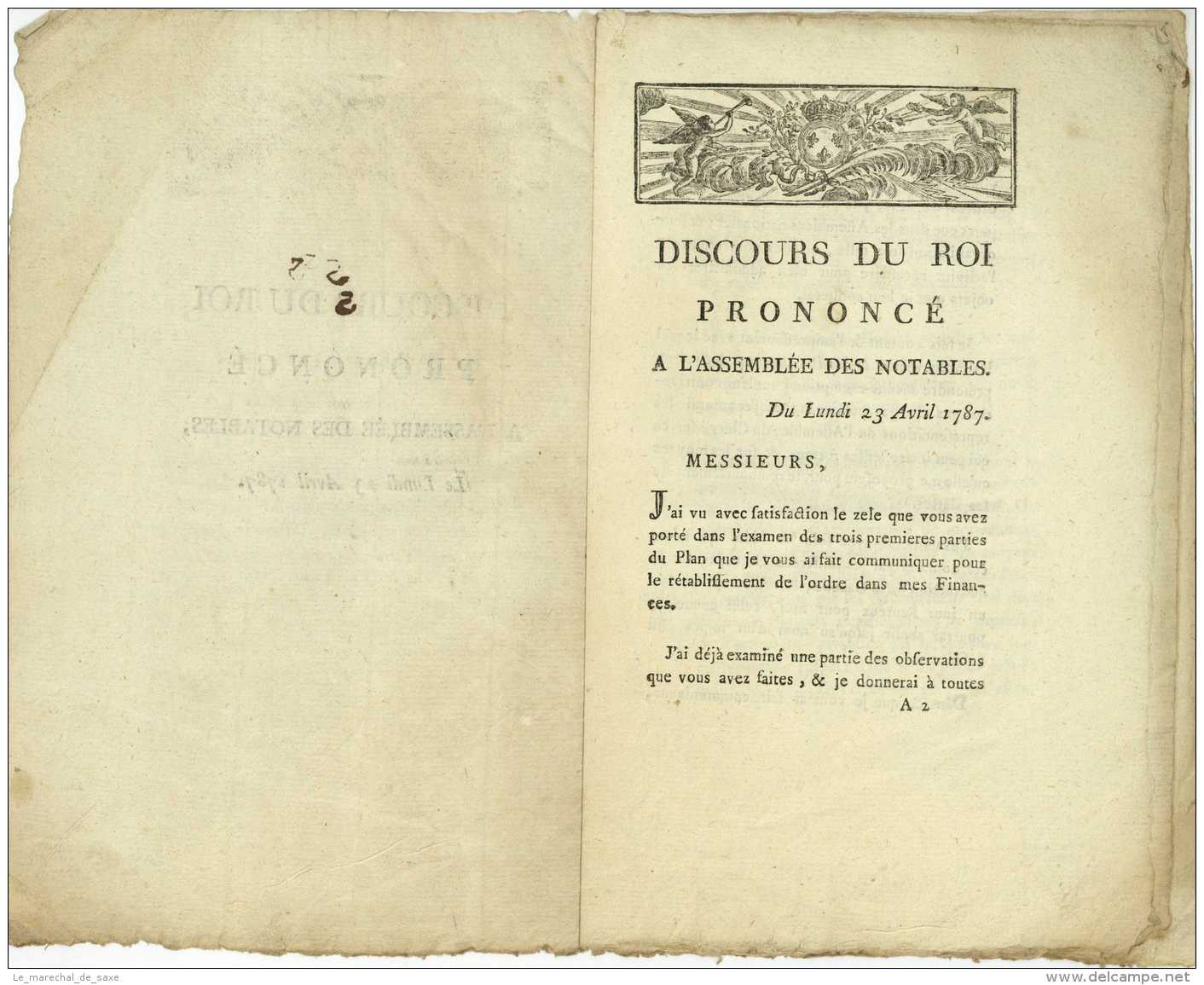 DISCOURS DU ROI Prononce A L'ASSEMBLEE DES NOTABLES 1787 8 Pp. In-8 Versailles - Documents Historiques