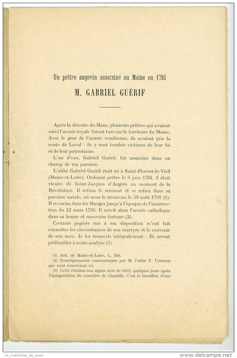 Calendini "Un Pretre Angevin Assassine Au Maine En 1793 - M. Gabriel GUERIF" S.d.6 Pp ANGERS - Documents Historiques