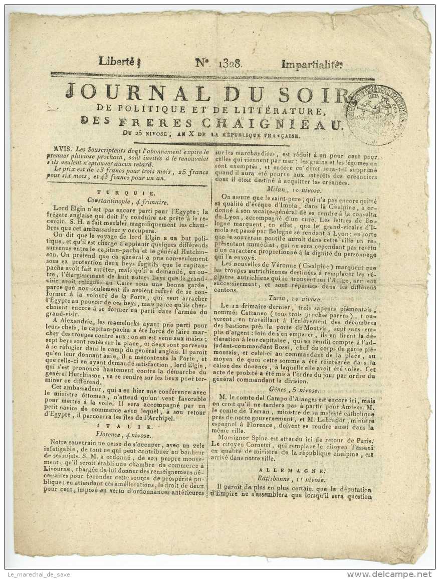 1802 - JOURNAL DU SOIR De Politique Et De Litterature Des Freres CHAIGNIEAU 4 Pp. Cachet Fiscal - Historische Dokumente