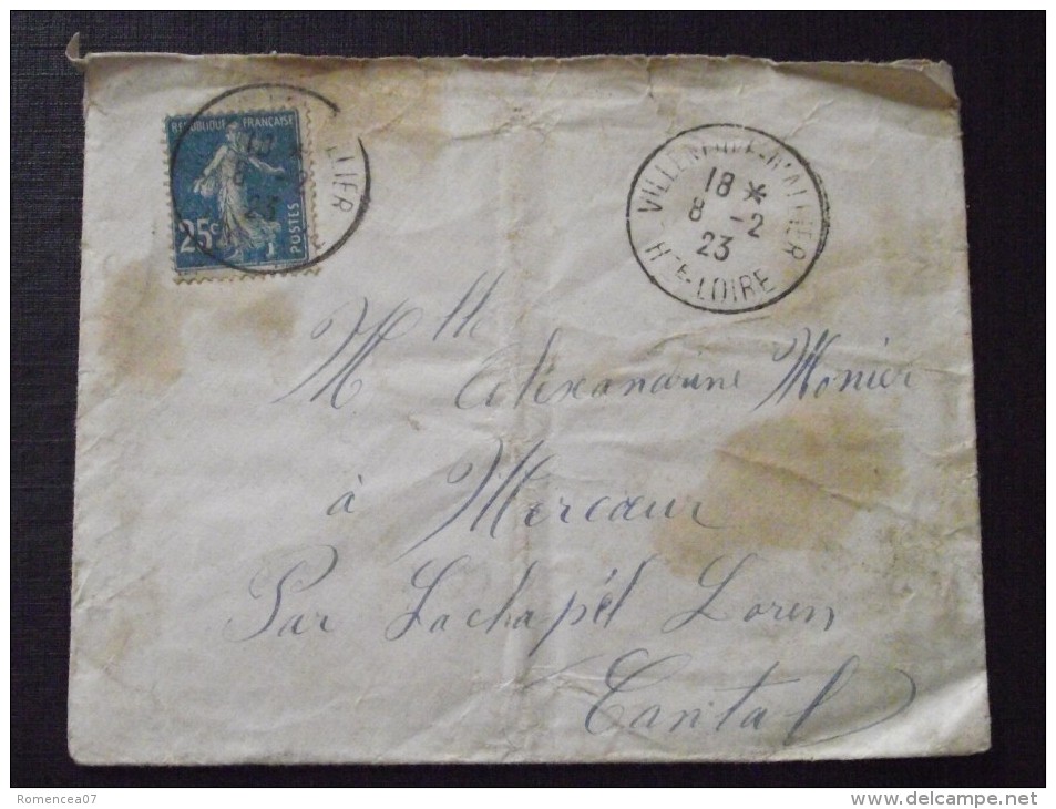 VILLENEUVE-d´ALLIER (Haute-Loire) - Enveloppe - Pour MERCOEUR (La CHAPELLE-LAURENT, Cantal) - 8 Février 1923 - A Voir ! - Covers & Documents