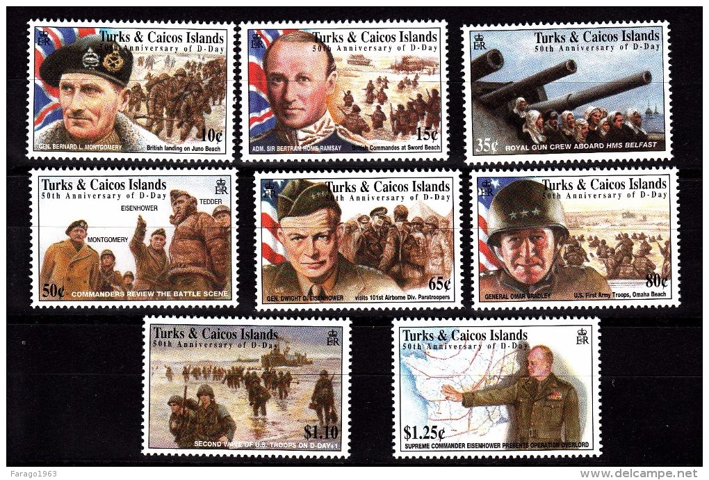 1994 Turks & Caicos D-Day WWII Anniversary  Complete Set Of 8 MNH - Turks & Caicos