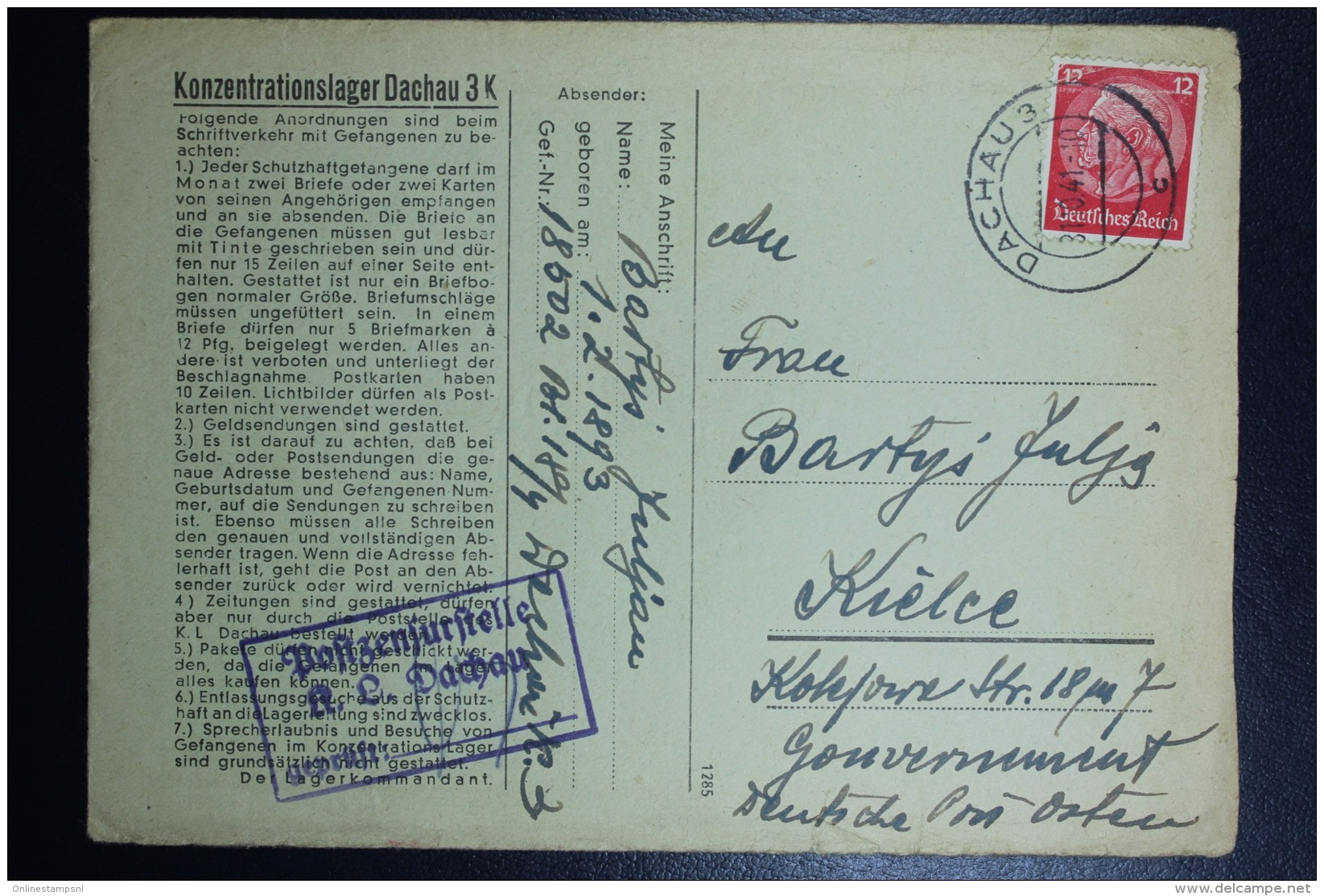 Deutschland KZ Dachau 3K Concentration Camp Dachau Cover With Letter 31-8-1941 To Kielce - Briefe U. Dokumente