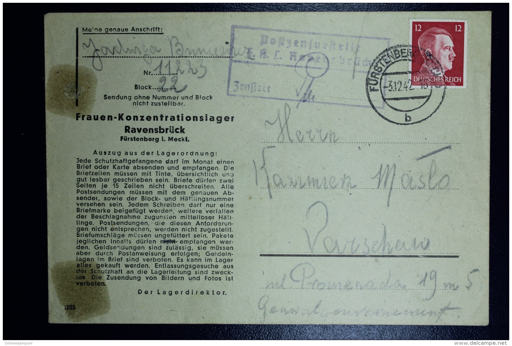 Deutschland Cover Frauen-Konzentrationslager Ravensbrück To Warschau 3-12-1942 Cancel Fürstenberg - Briefe U. Dokumente