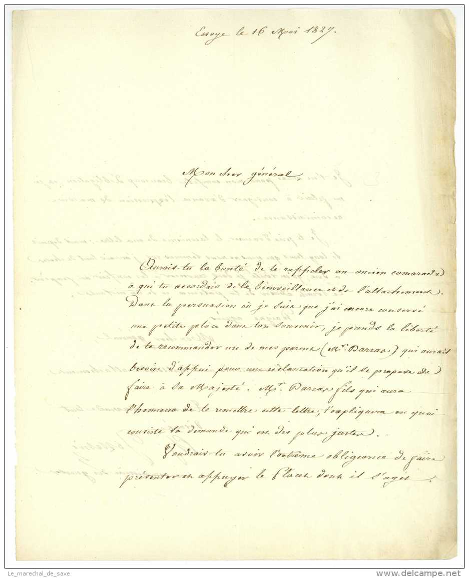 ESSOYE 1827 - Josselin Ex-commissaire Des Guerres Au General Baron De Beurnonville 2 Pp. - Documents Historiques