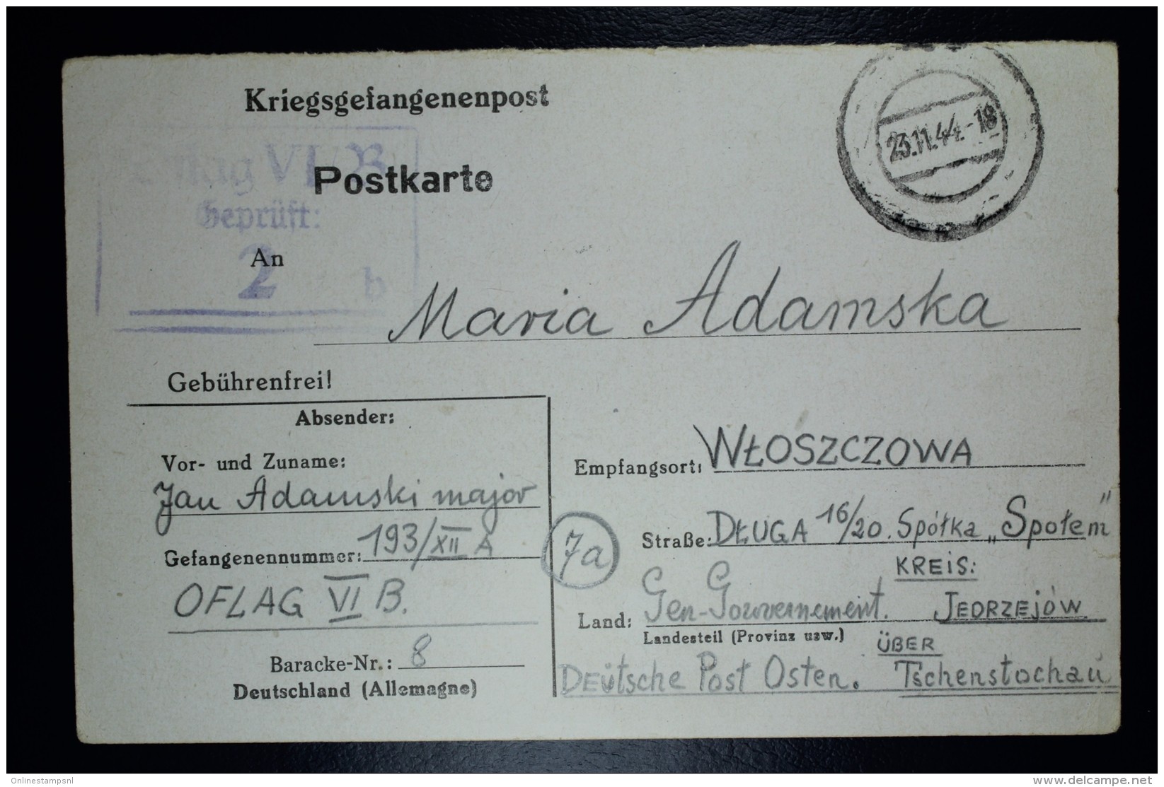 Deutschland Kriegsgefangenenpost  OFLAG VI B Eichstätt, Bavaria Polish Officers Camp To Wtoszczowa Poland GG DPO - Briefe U. Dokumente