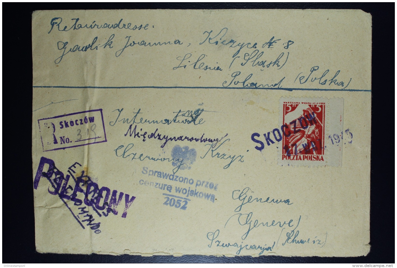 Poland: Registered Cover Straightline SKOCZOW Mi 392 Fi 360, Via Ankara To Red Cross Geneva 17-9-1945 Blue Eagle Censor - Storia Postale