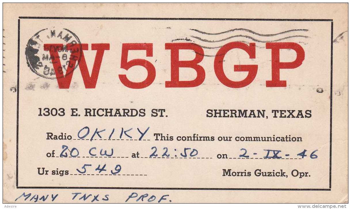 SHERMAN TEXAS QSL Karte Versendet 1946 Gel.nach Czechoslowakei - Radio