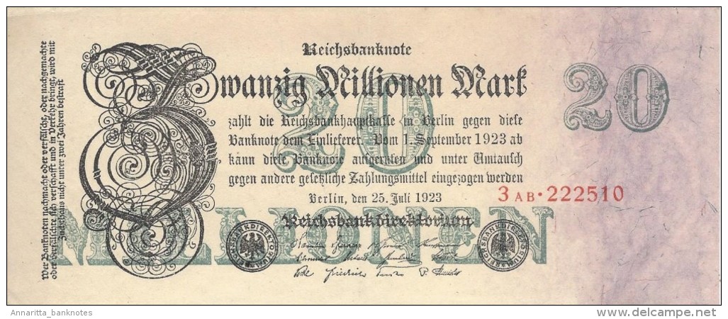 GERMANY 20 MILLION MARK 1923 P-97b AU/UNC 6 DIGIT S/N 3AB * 222510 [ DER097b ] - 20 Millionen Mark