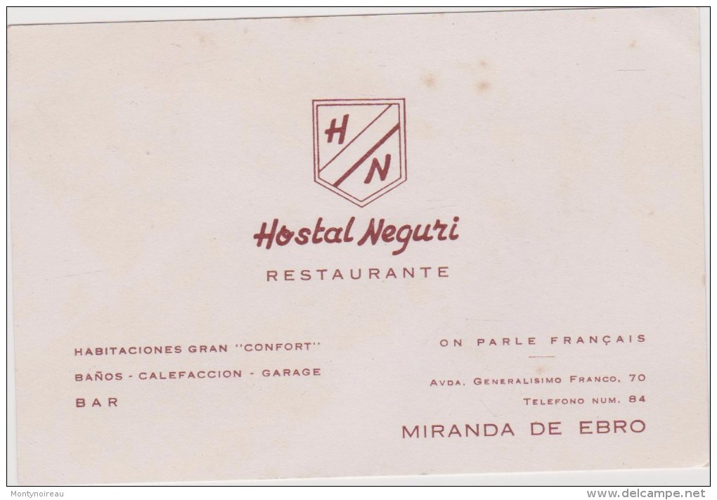 Vieux Papier :  HOSTAL  NEGURI  Restaurante , Ciudad  De   Miranda De Ebro - Cartes De Visite