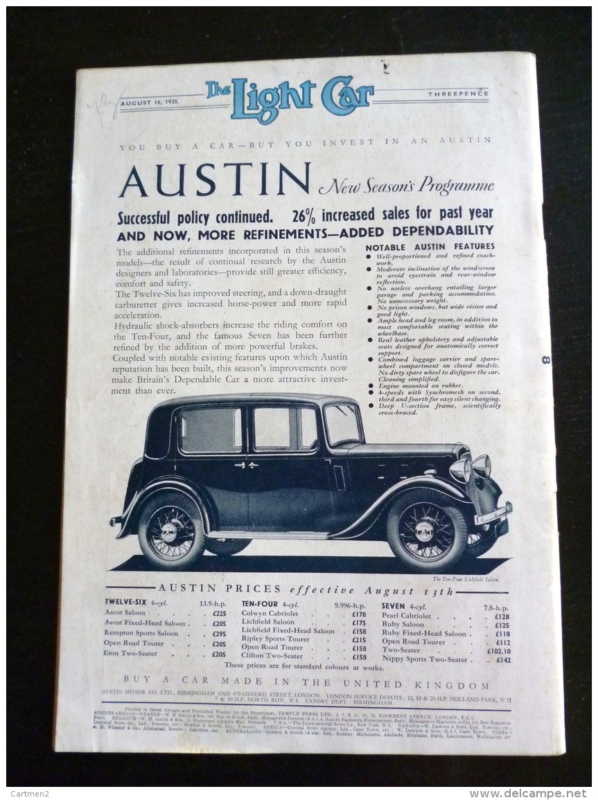 THE LIGHT CAR REVUE MAGAZINE AUTOMOBILE VOITURE 1935 HORSESHOE EYSTON LANCHESTER WRINKLES TRIUMPH AUSTIN - Auto