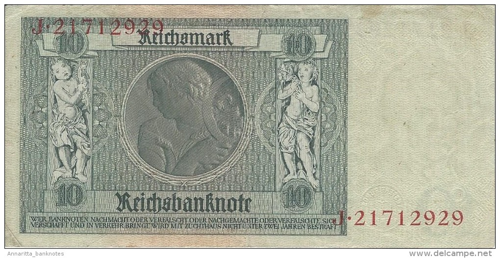 GERMANY 10 REICHSMARK 1929 P-180a VF UNDERPRINT E S/N J*21712929 [ DER180a ] - 10 Mark