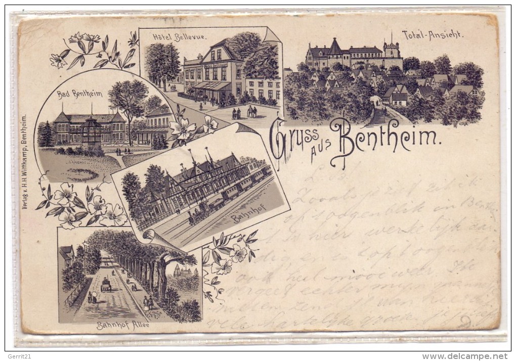4444 BAD BENTHEIM, Lithographie, Hotel Bellevue, Bahnhof, Bahnhof Allee, Schloß, Kurhaus, 1898 - Bad Bentheim