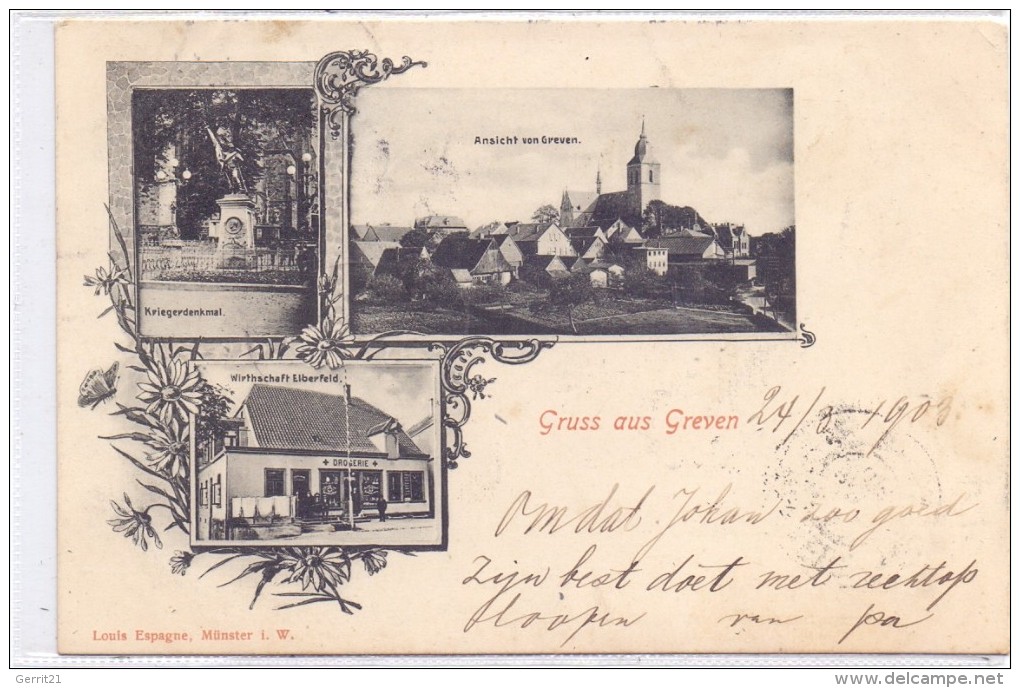 4402 GREVEN, Wirthschaft Elberfeld, Kriegerdenkmal, Panorama, 1903 - Greven