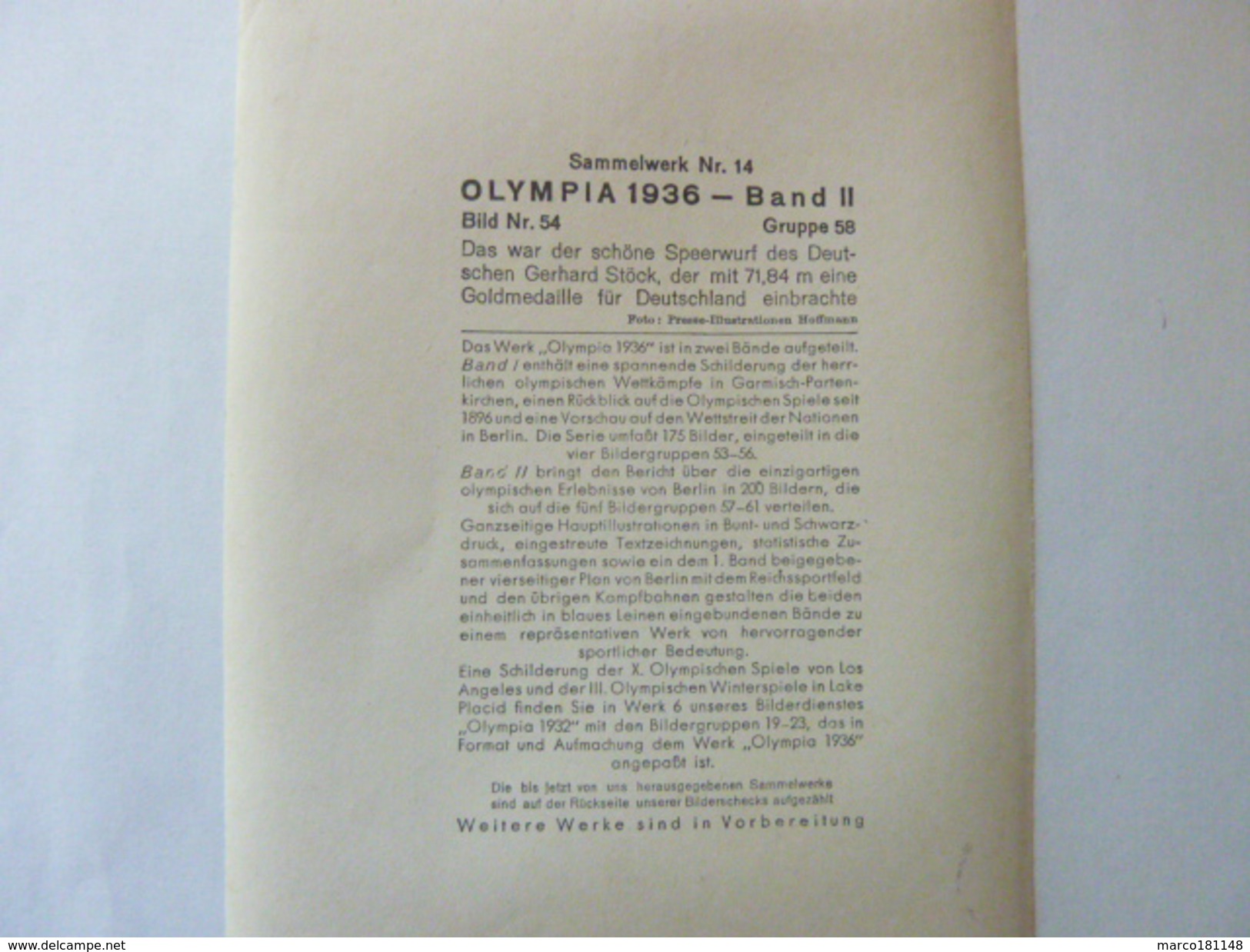 OLYMPIA 1936 - Band II - Bild Nr 54 Gruppe 58 - Gerhard Stöck Au Javelot - Sport
