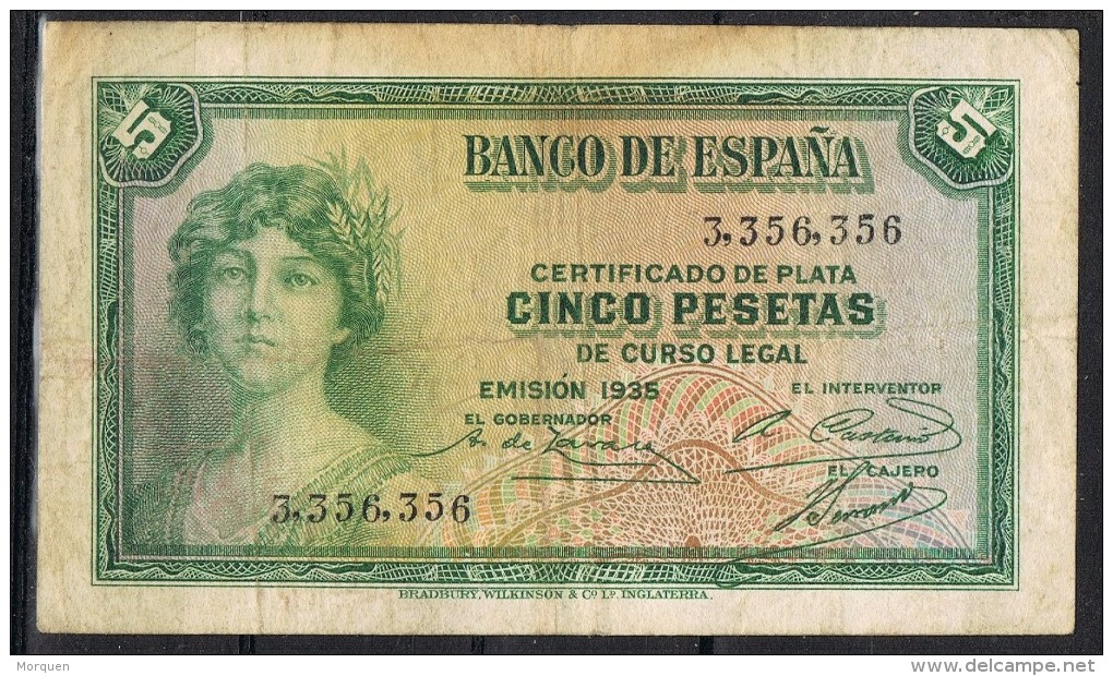 Billete España 5 Pesetas 1935. Republica, Sin Letra De Serie - 5 Pesetas
