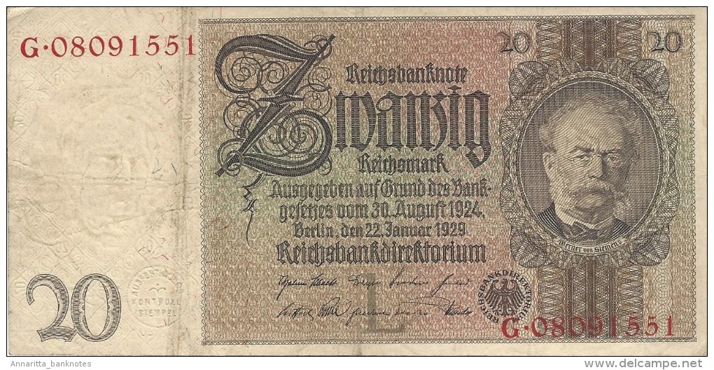 GERMANY 20 REICHSMARK 1929 P-181a VF UNDERPRINT L S/N G.08091551 [ DER181a ] - 20 Mark