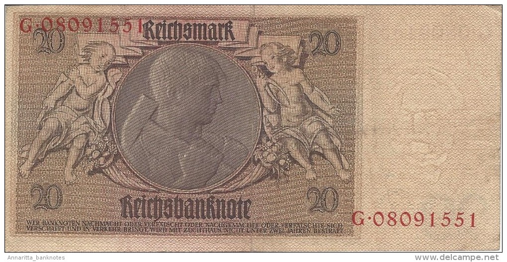 GERMANY 20 REICHSMARK 1929 P-181a VF UNDERPRINT L S/N G.08091551 [ DER181a ] - 20 Mark