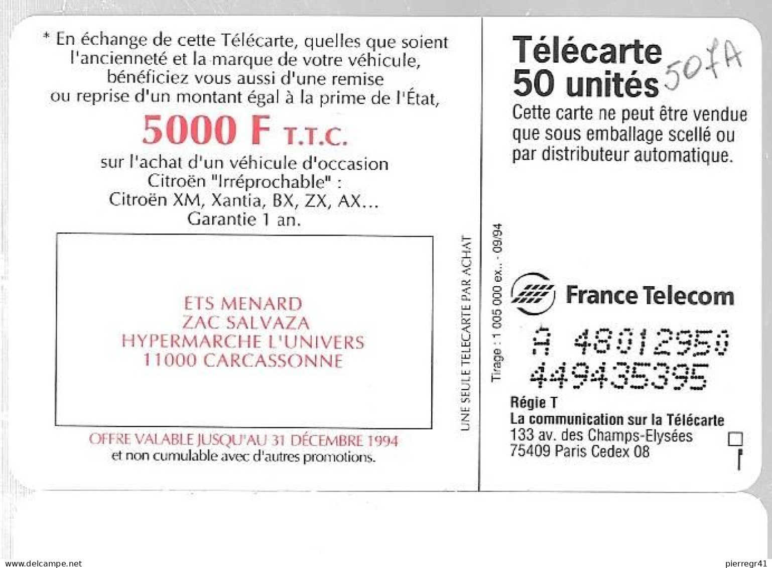 CARTE-PUBLIC-F 507 P-50U-SO3-09/94-CITROEN XM-PERPIGNAN-JD-Lot A 48012207-(Ex 5 Séries)UTILISE-TBE-RARE-Varieté - 1994